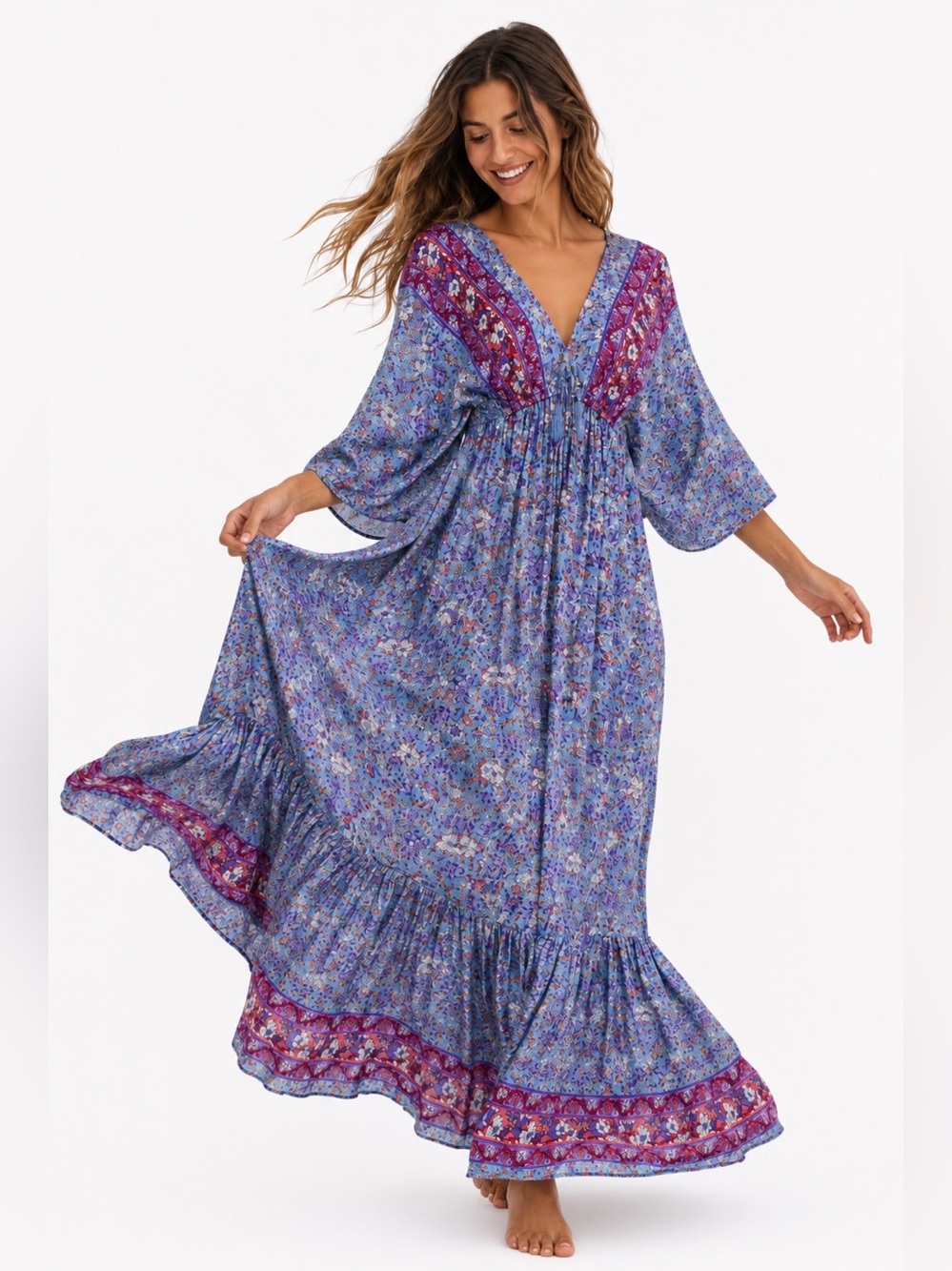 Zury Silk Blend Boho Maxi Dress Blue Purple Floral Bohemian Festival Flowy OS